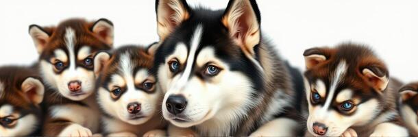 Cute Siberian husky mother with her playful puppies in a cozy indoor setting during the afternoon photo