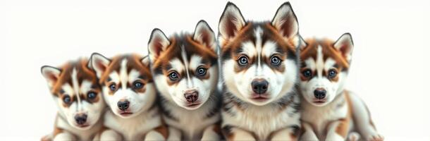 Cute group of five husky puppies sitting together on a light background in a cozy indoor setting photo