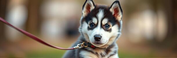 Cute husky puppy on a leash enjoying time outdoors in a park during daytime with a blurred background photo