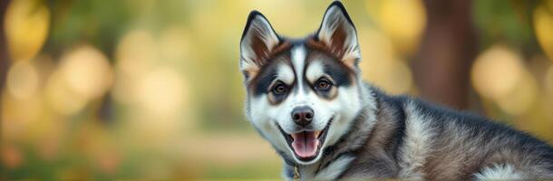 Playful husky dog enjoying the sunny afternoon in a vibrant park setting with lush greenery photo