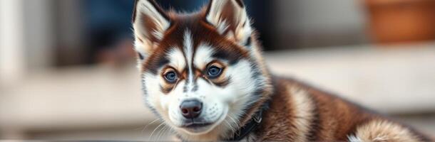 Friendly Siberian Husky puppy relaxing outdoors on a sunny day with playful expression photo