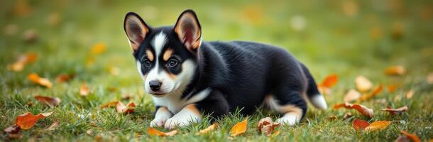 Corgi puppy resting on grass surrounded by autumn leaves in a park photo