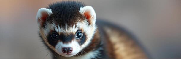 Cute ferret with distinct markings poses against a soft blurred background in a natural setting during a sunny day photo