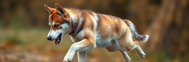 Dog joyfully running in a forest during autumn, capturing the spirit of playfulness and energy in nature photo