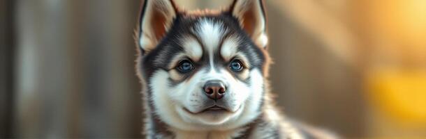 Cute husky puppy looking curiously with bright eyes in a natural outdoor setting during golden hour photo