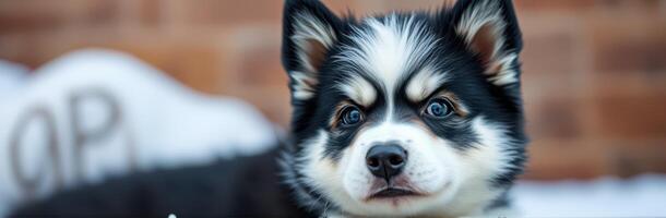Husky puppy with distinctive black and white fur explores a cozy indoor space on a soft blanket during daylight hours photo