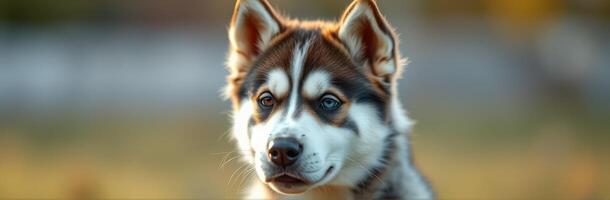 Beautiful husky pup gazes at the camera during a sunny afternoon in a grassy field photo
