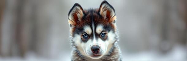 Husky puppy standing in a snowy landscape with a serious expression looking at the camera photo