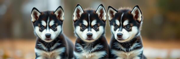 Three playful husky puppies sitting together in a sunny outdoor setting during the afternoon photo