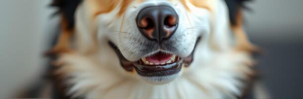Happy dog smiling indoors with soft lighting, enjoying a moment of joy and warmth in a cozy environment photo