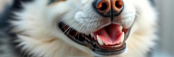 Happy dog showcasing a joyful expression with bright teeth and a playful demeanor indoors photo