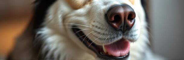 Happy dog reveals joyful expression while relaxing indoors during a sunny afternoon photo