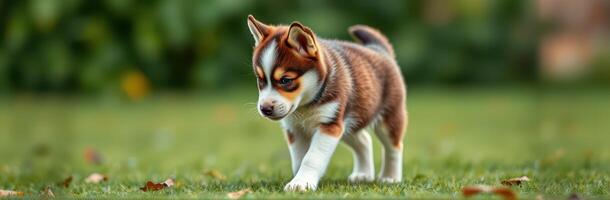 Cute puppy exploring the grassy backyard during sunny afternoon, showcasing playful nature and bright fur patterns photo