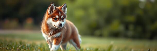 Cute dog exploring a grassy field during a sunny afternoon in a serene park photo