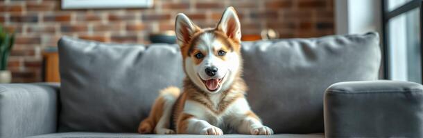 Happy playful corgi puppy relaxing on a cozy couch in a bright living room with a modern decor photo
