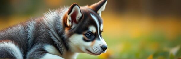 Cute husky puppy exploring a colorful autumn landscape during golden hour photo