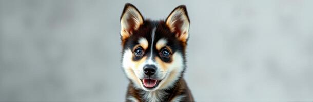 Happy puppy with a playful expression posing against a neutral background in a bright indoor setting, showcasing its charming features photo