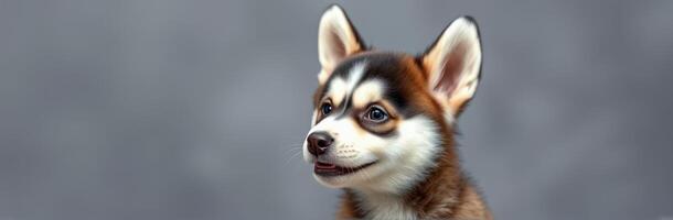 Cute puppy sitting calmly with a curious expression indoors on a soft background photo