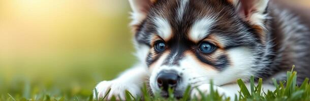 Cute puppy lounging on green grass in a sunny outdoor setting during the golden hour photo