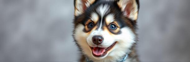 Happy puppy with fluffy coat posing against a neutral backdrop in a bright indoor setting photo