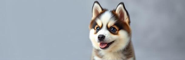 Happy fluffy puppy poses against a plain background, showcasing its playful nature and adorable features photo