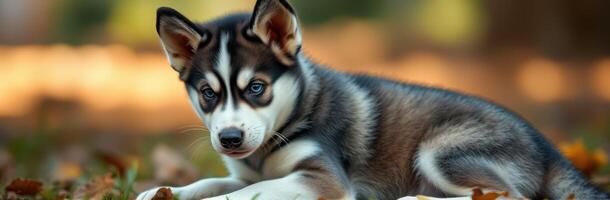 Cute husky puppy relaxing in autumn leaves during golden hour in a park setting photo