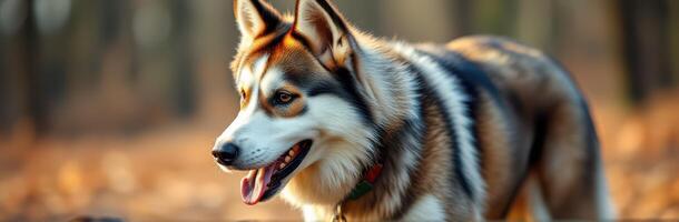 Beautiful husky exploring a wooded area during golden hour in autumn photo