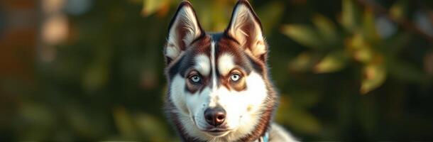 Siberian husky with striking blue eyes sitting outdoors in a lush garden during late afternoon sunlight photo
