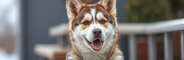 Happy dog standing outdoors on a sunny day with a bright expression and fluffy coat photo