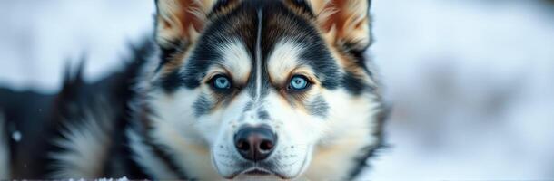 Husky with striking blue eyes gazes intently amidst a snowy landscape during winter photo
