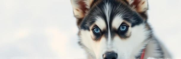 Husky with striking blue eyes explores snowy landscape during winter afternoon in a serene setting photo