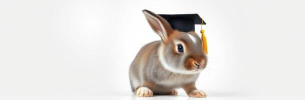 Cute rabbit wearing a graduation cap poses against a plain background during a celebratory moment photo