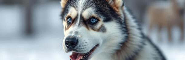 Siberian husky playing in the snowy forest during a winter afternoon with other dogs in the background photo