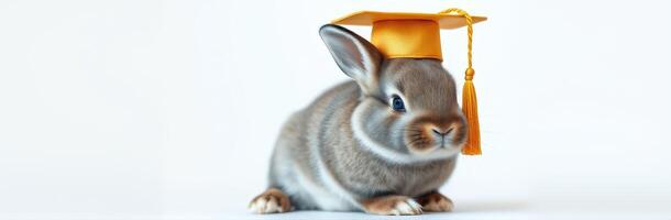 Cute rabbit sporting a graduation cap with a golden tassel in a bright and cheerful setting photo