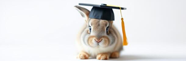 Cute rabbit wearing a graduation cap with a tassel celebrating a milestone achievement indoors photo