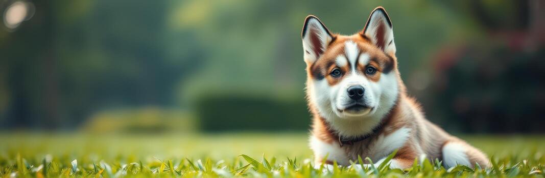 Cute puppy resting on green grass in a park during sunny afternoon photo