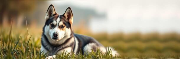 Siberian husky relaxing in a grassy field during sunset at a serene outdoor location photo
