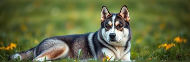 Lying dog resting on green grass surrounded by yellow flowers under clear blue sky photo