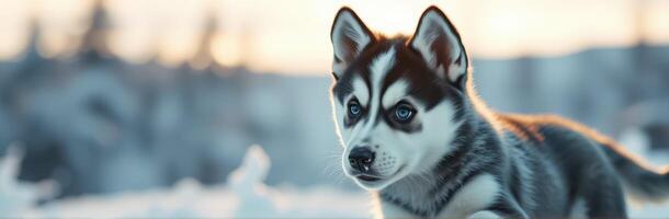 Cute husky puppy playing in the snowy landscape during a winter afternoon photo