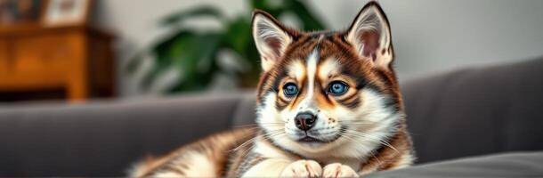 Cute puppy lounging on a sofa with bright blue eyes in a cozy living room setting photo
