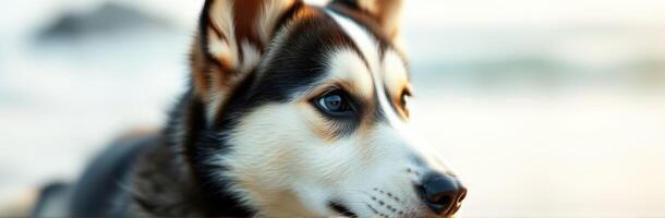 Husky dog gazes thoughtfully at the sunset by the beach with gentle waves in the background photo