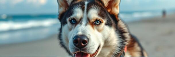 Energetic husky running along the sandy beach during a sunny day near the ocean photo
