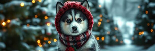 Husky wearing a red scarf and hat in a snowy festive setting with twinkling lights photo