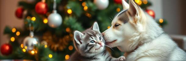 Cute kitten and husky dog share a sweet moment by a decorated Christmas tree photo