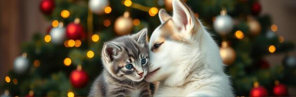 Cute kitten and puppy snuggling in front of a decorated Christmas tree with festive lights and ornaments photo