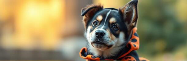 Cute puppy wearing an orange hoodie with black spots on a blurred outdoor background during early evening photo