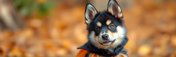 Cute dog in a costume enjoying autumn in a park surrounded by colorful leaves and vibrant nature photo