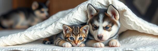 Cute puppy and kitten snuggling under a cozy blanket in a warm living room on a sunny day photo