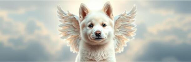 A fluffy white dog with angelic wings stands in a cloudy sky, evoking a sense of whimsy and magic in a serene atmosphere photo