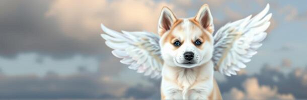Cute dog with angel wings soaring through a bright sky surrounded by fluffy clouds photo